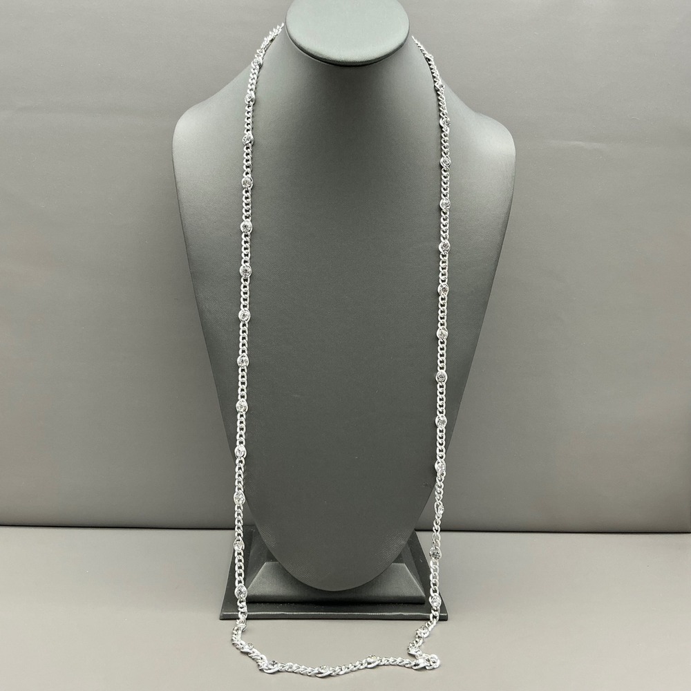 Anne Klein Necklace Women Silver Crystal Station Long Curb Chain 36 Inch Classic